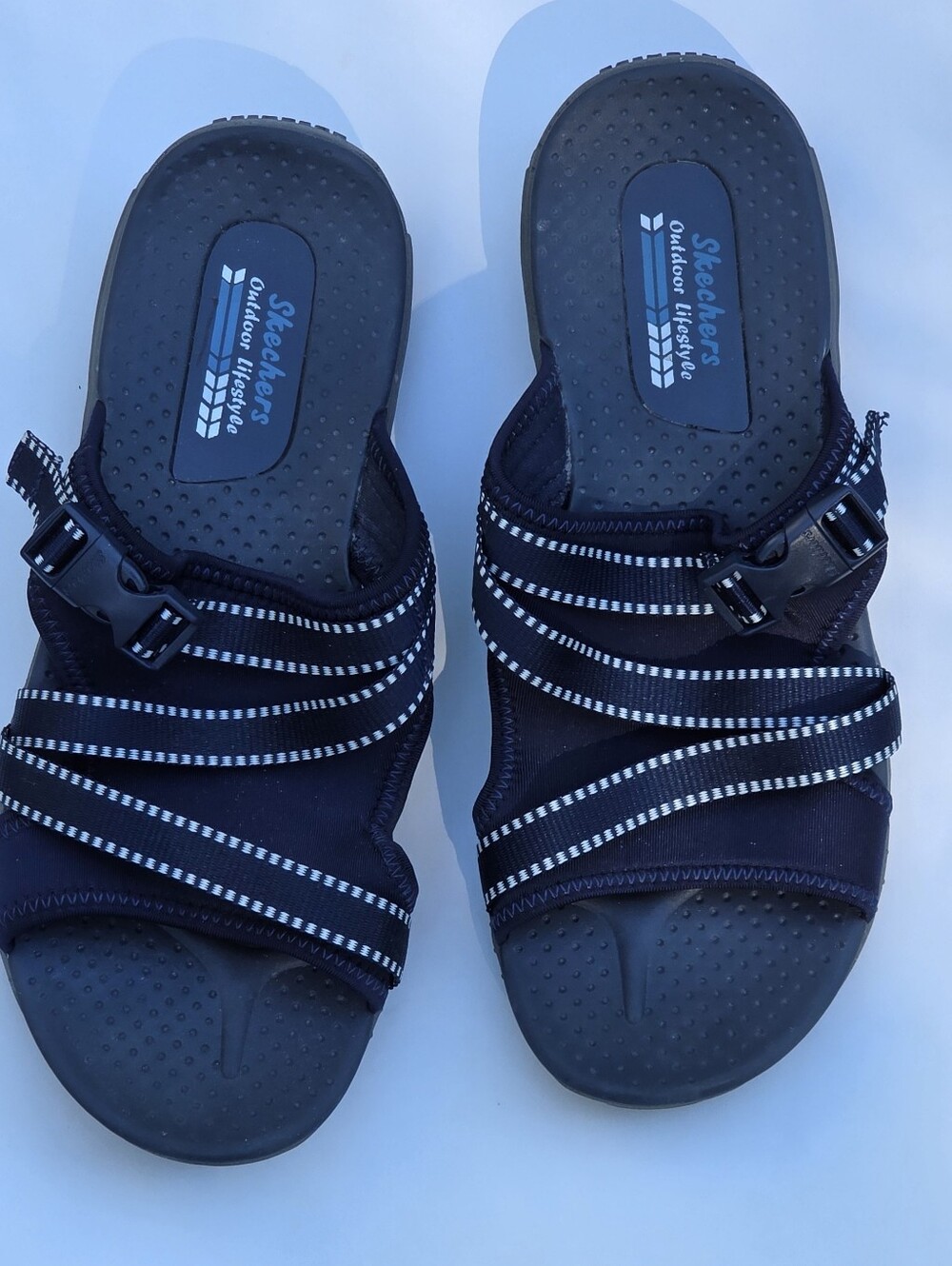 Skechers Navy Slide Sandals with White Contrast Stripes